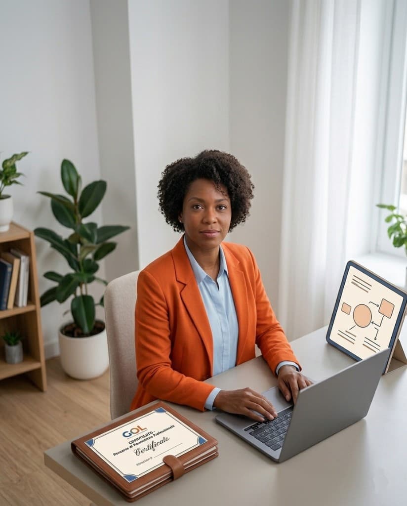 Professionista al lavoro con laptop e certificato GOL del percorso di potenziamento professionale